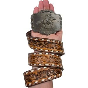 VTG Nocona Belt Kona Kut Brown 36 Tooled Leather Pony Express Buckle Western